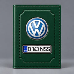 Portofel pentru acte auto Volkswagen verde închis, cu siglă VW și număr de înmatriculare personalizabil