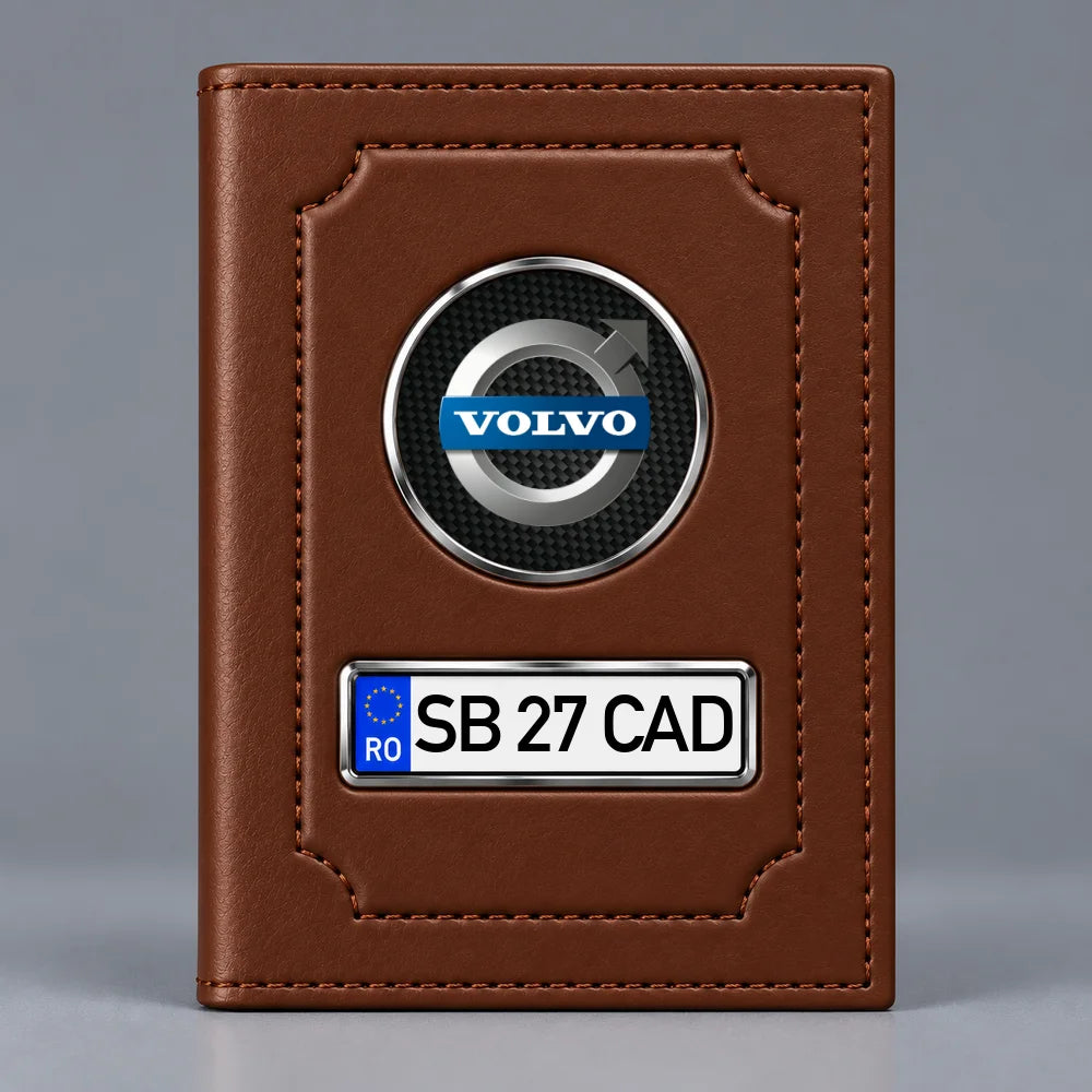 Portofel maro pentru documente auto Volvo, cu emblemă și număr de înmatriculare personalizabil