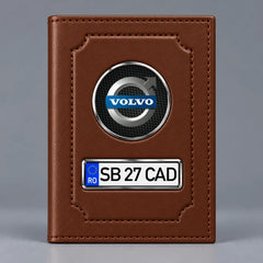 Portofel maro pentru documente auto Volvo, cu emblemă și număr de înmatriculare personalizabil