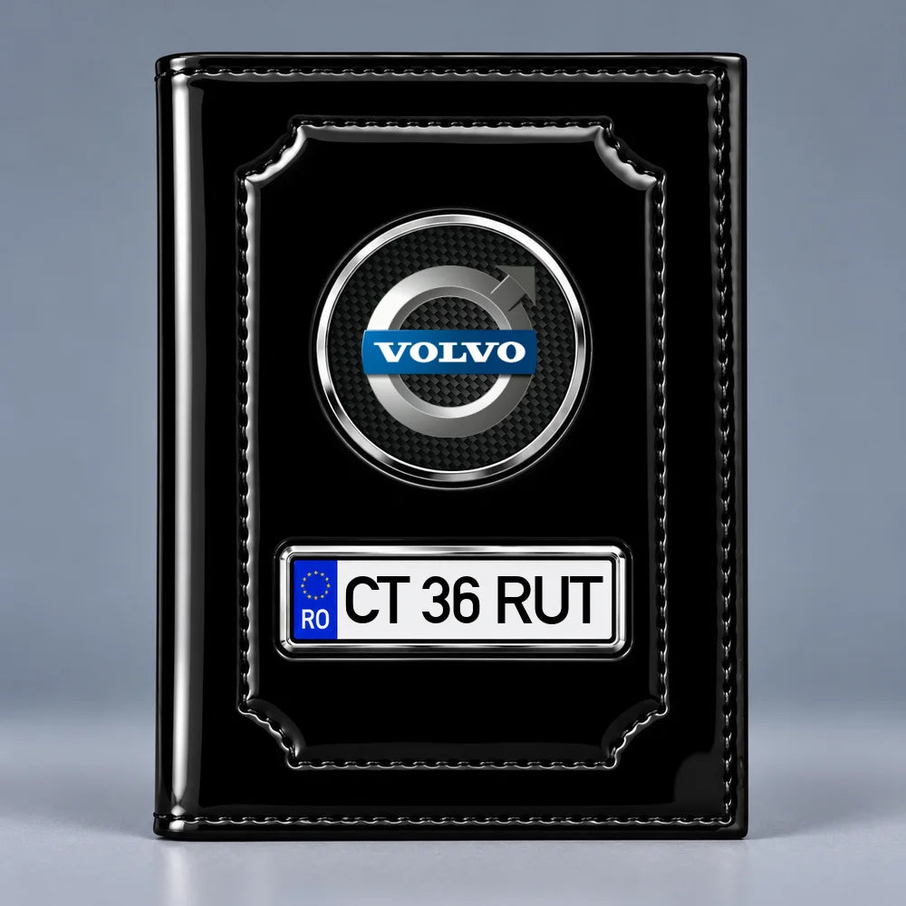 Portofel acte auto Volvo negru lucios, cu siglă și plăcuță personalizată cu numărul mașinii
