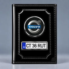 Portofel acte auto Volvo negru lucios, cu siglă și plăcuță personalizată cu numărul mașinii