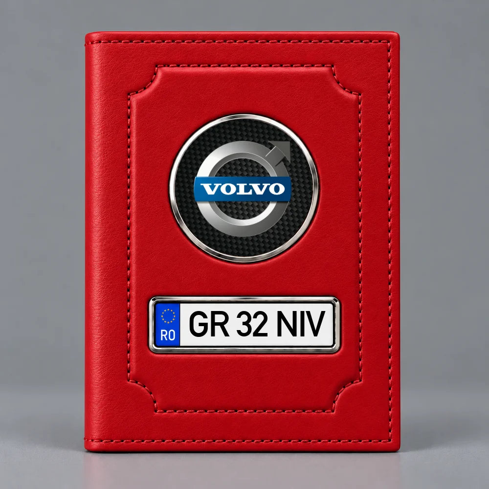 Portofel roșu pentru acte auto Volvo, cu sigla mărcii și plăcuță cu numărul mașinii