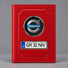Portofel roșu pentru acte auto Volvo, cu sigla mărcii și plăcuță cu numărul mașinii