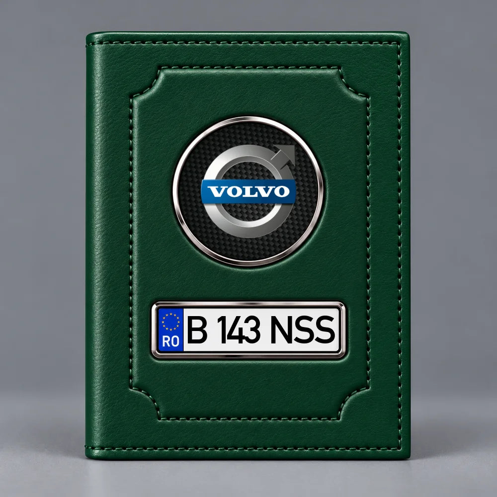 Portofel verde pentru documente auto Volvo, cu emblemă Volvo și număr de înmatriculare personalizabil