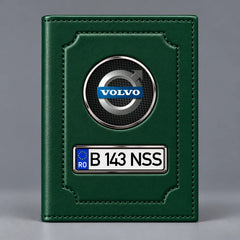 Portofel verde pentru documente auto Volvo, cu emblemă Volvo și număr de înmatriculare personalizabil