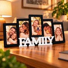 Ramă foto personalizată FAMILY cu 5 poze, colaj decorativ negru cu inscripție albă, cadou pentru părinți și bunici.