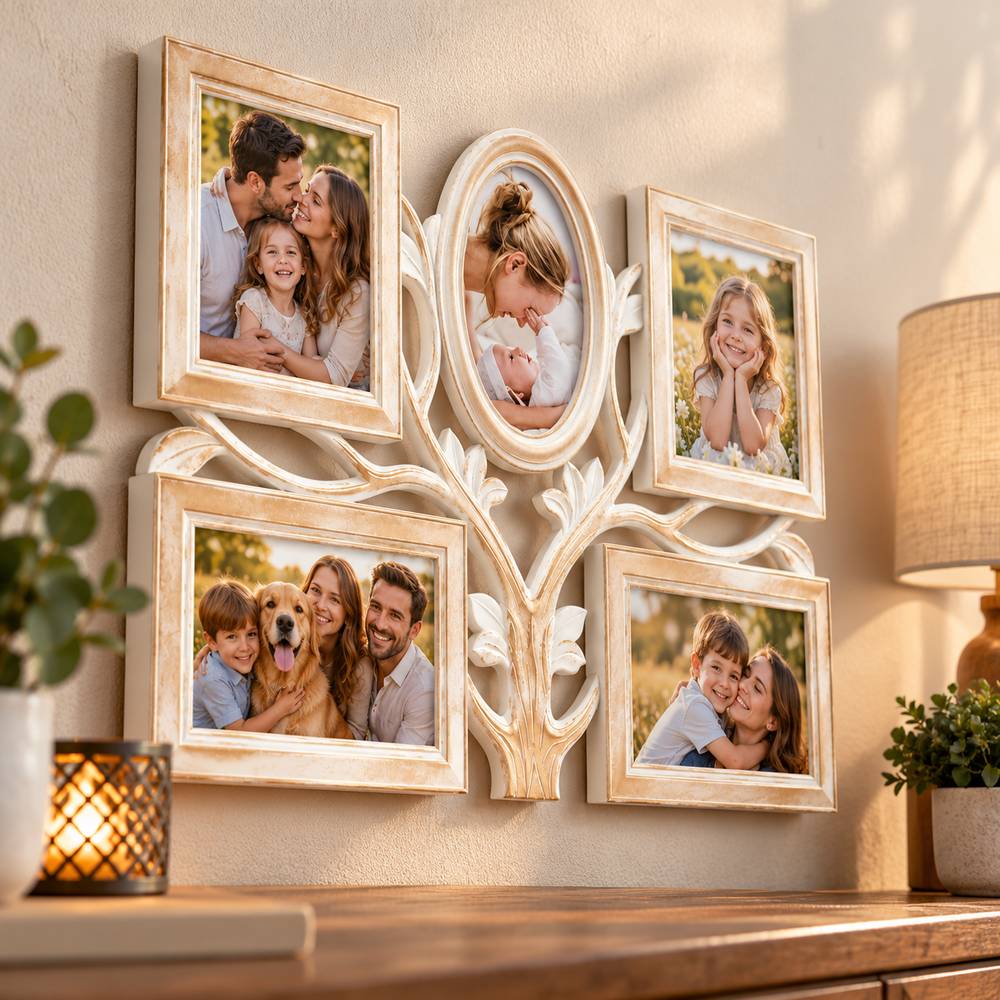Ramă foto personalizată în formă de copac, cu 5 spații pentru fotografii de familie