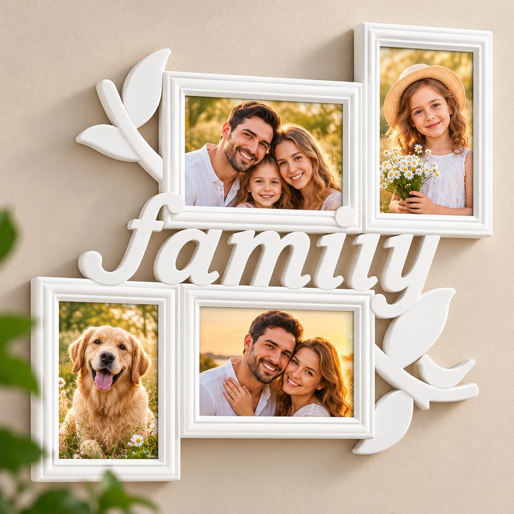 Ramă foto albă FAMILY cu 4 spații pentru fotografii de 10 × 15 cm