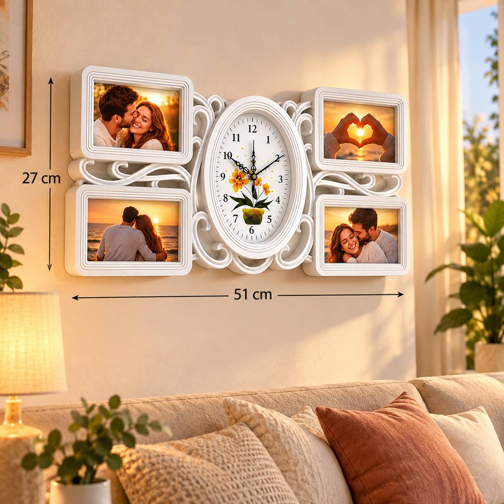 Ramă foto decorativă cu ceas și 4 fotografii personalizate, colaj pentru amintiri de cuplu sau familie
