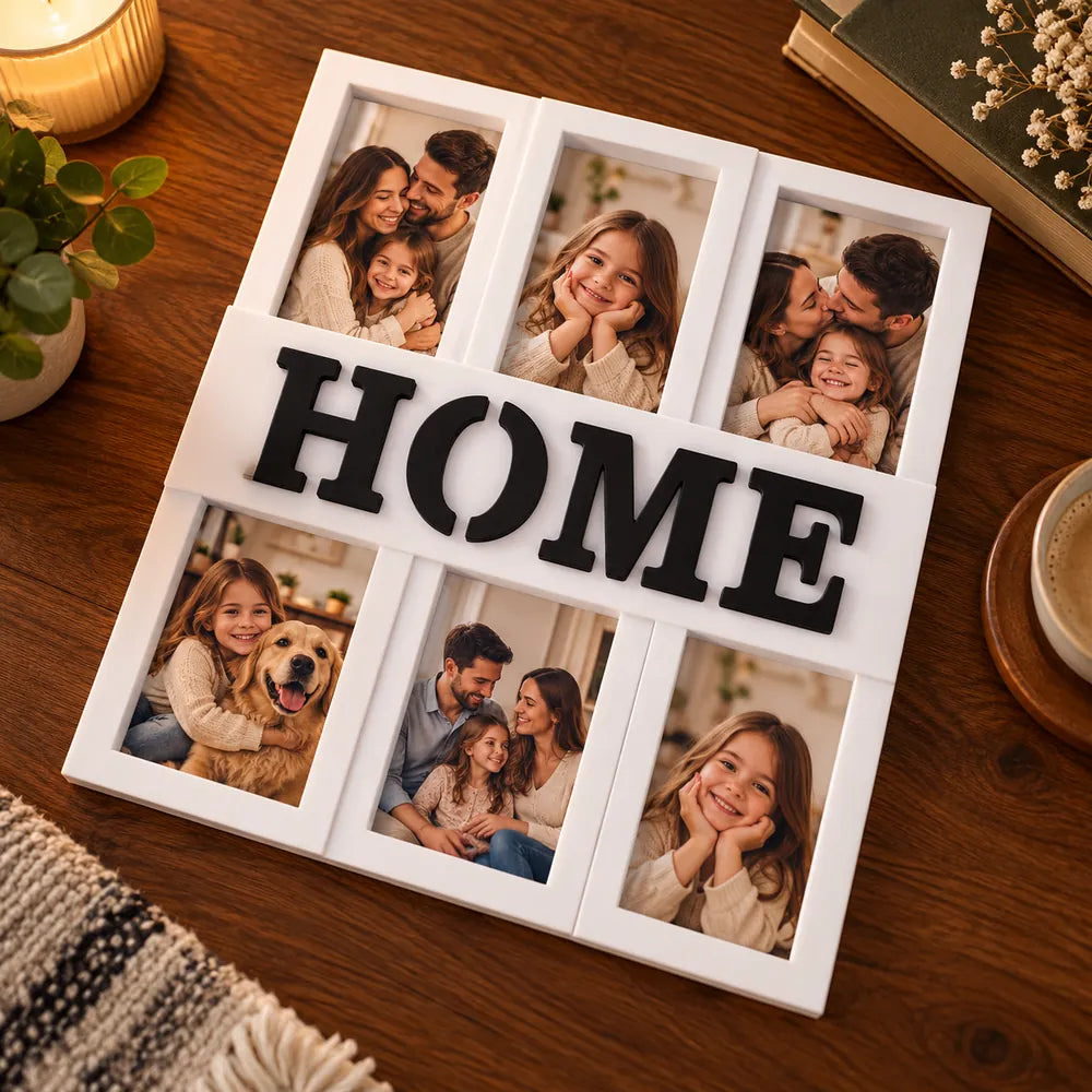 Ramă foto colaj HOME personalizată cu 6 poze de familie, albă, cu litere negre, așezată pe masă din lemn