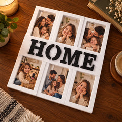 Ramă foto colaj HOME personalizată cu 6 poze de familie, albă, cu litere negre, așezată pe masă din lemn
