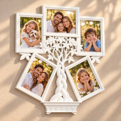 Ramă foto personalizată în formă de copac alb, cu cinci spații dreptunghiulare pentru fotografii de familie de 10 × 15 cm