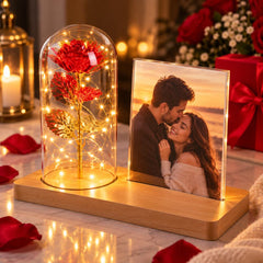 Ramă foto LED cu trandafir roșu luminat și fotografie personalizată a unui cuplu