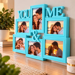 Ramă foto bleu pentru cuplu cu 6 fotografii personalizate, inscripția YOU & ME