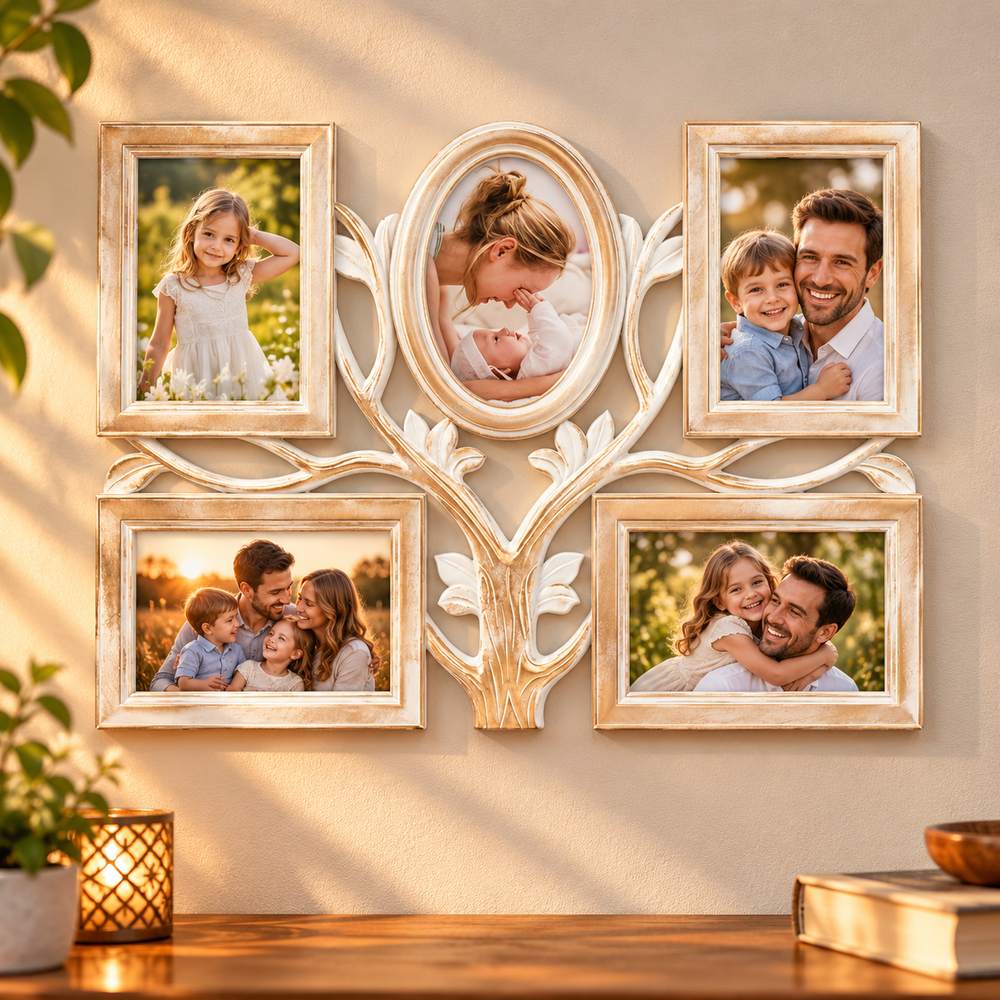 Ramă foto decorativă tip arbore de familie, personalizată cu 5 fotografii