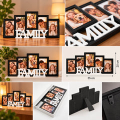 Ramă foto colaj pentru familie cu 5 fotografii personalizate, design cu ramă neagră și text FAMILY alb