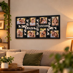 Ramă foto personalizată pentru familie cu 8 fotografii de 10 × 15 cm și inscripție decorativă LOVE & FAMILY