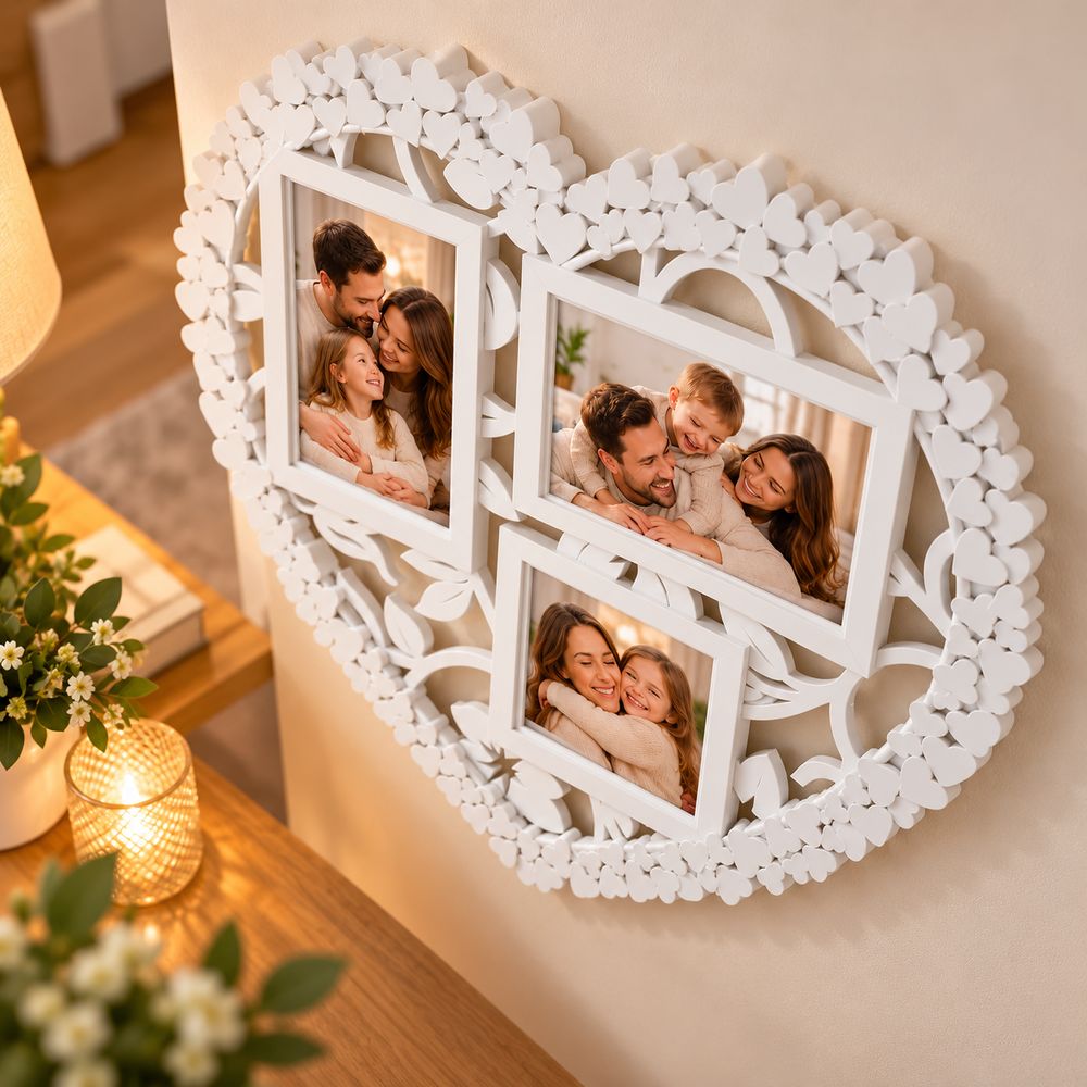 Ramă foto personalizată în formă de inimă albă, cu trei spații pentru fotografii