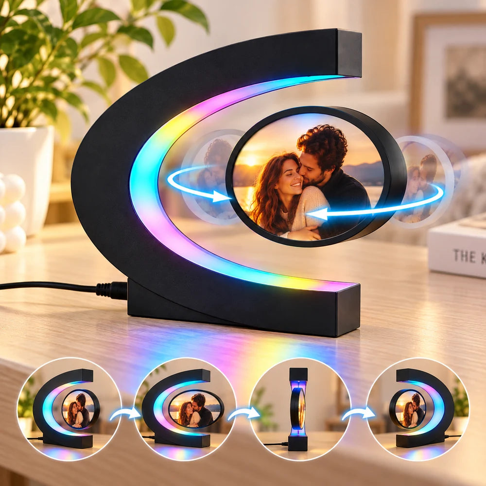 Ramă foto levitantă magnetică neagră, personalizată cu fotografii de cuplu, cu disc rotativ și iluminare LED multicoloră