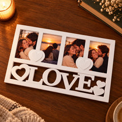Ramă foto colaj LOVE personalizată cu 4 poze de cuplu, albă, cu inimioare decorative