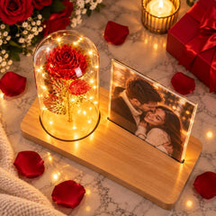Cadou romantic cu ramă foto pentru o fotografie de 13 × 18 cm și trandafir cu lumini LED