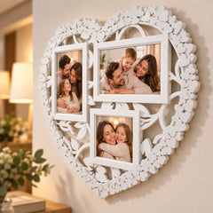 Ramă foto albă în formă de inimă pentru 3 fotografii personalizate