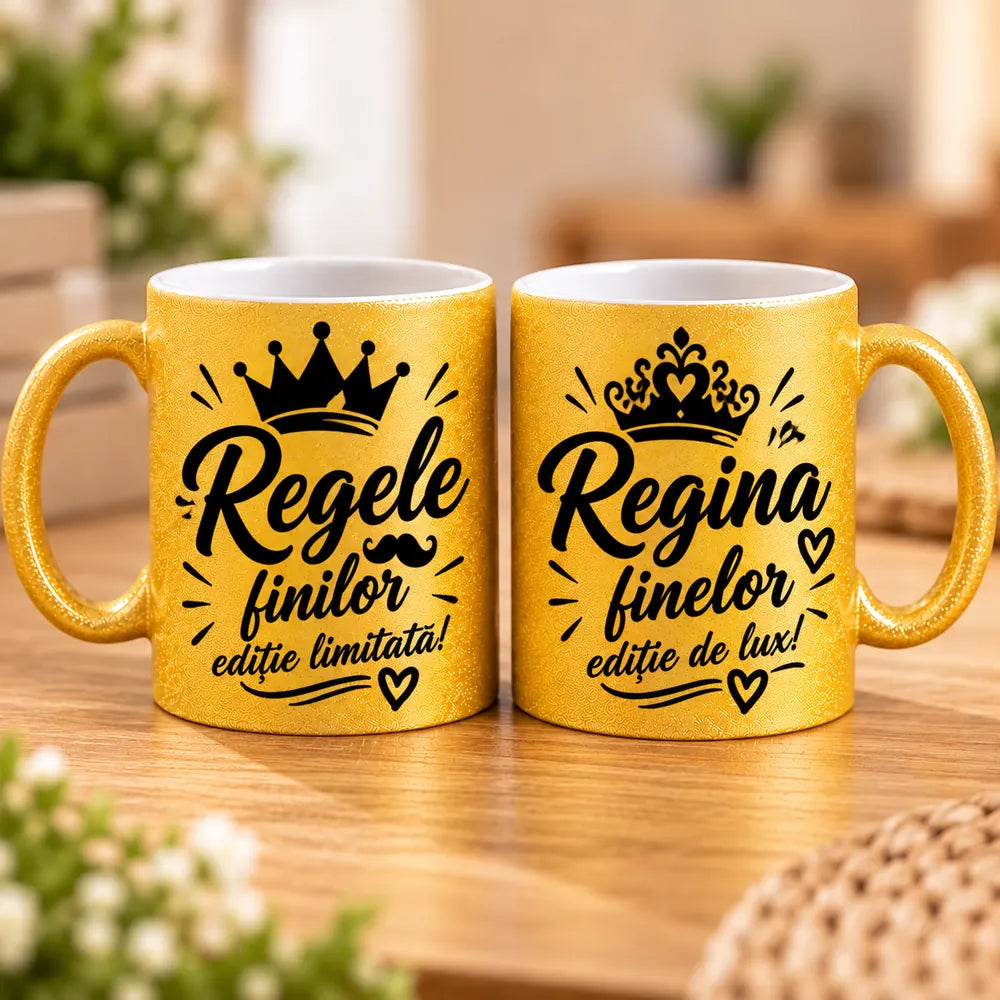 Set 2 căni aurii personalizate pentru fini cu mesaj Ediție limitată