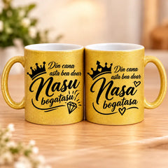 Set 2 căni personalizate glitter aurii pentru Nașii Bogătașii