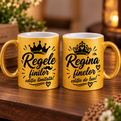 Set 2 Căni personalizate glitter aurii pentru fini - Regele & Regina Finilor