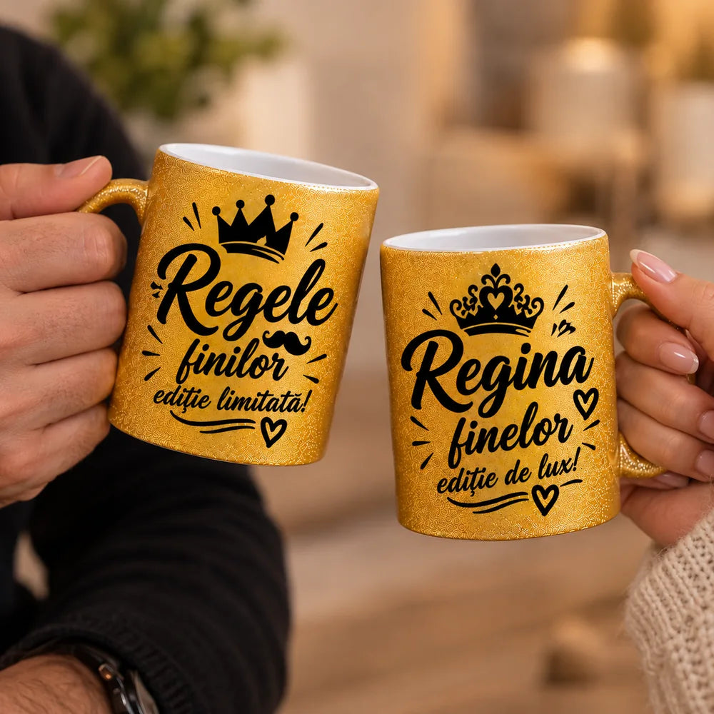 Set 2 căni glitter aurii pentru fini, cu mesajele Regele finilor și Regina finelor