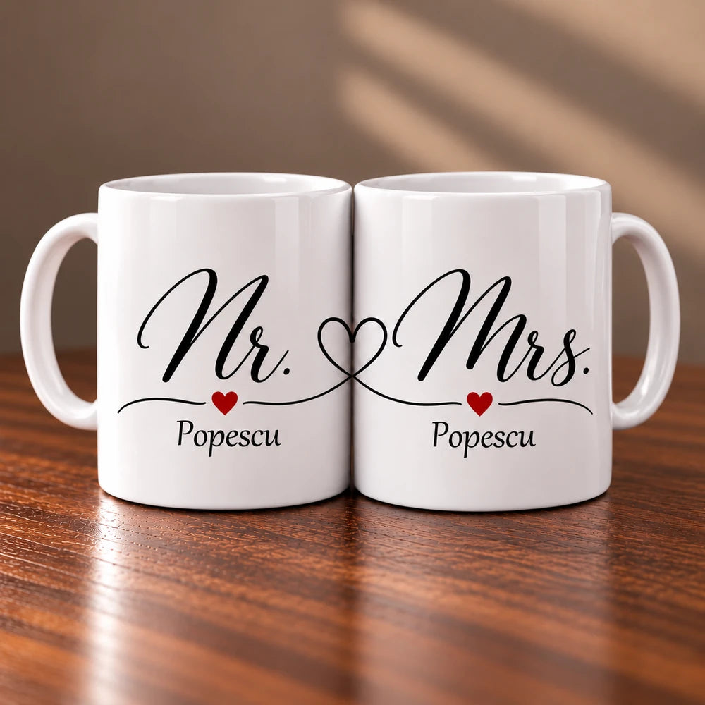 Set 2 căni albe personalizate Mr. & Mrs. cu numele de familie