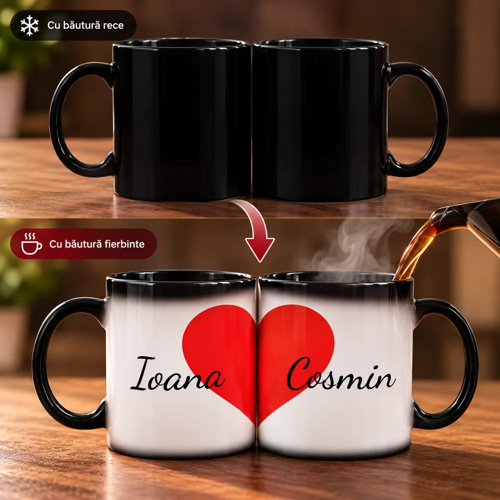 Set 2 căni termosensibile personalizate pentru cupluri cu nume și design de inimă