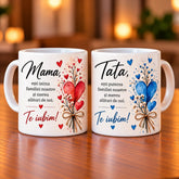 Set 2 căni albe personalizate pentru mama și tata cu mesaje, cadou special pentru părinți