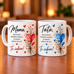 Set 2 căni albe personalizate pentru mama și tata cu mesaje, cadou special pentru părinți