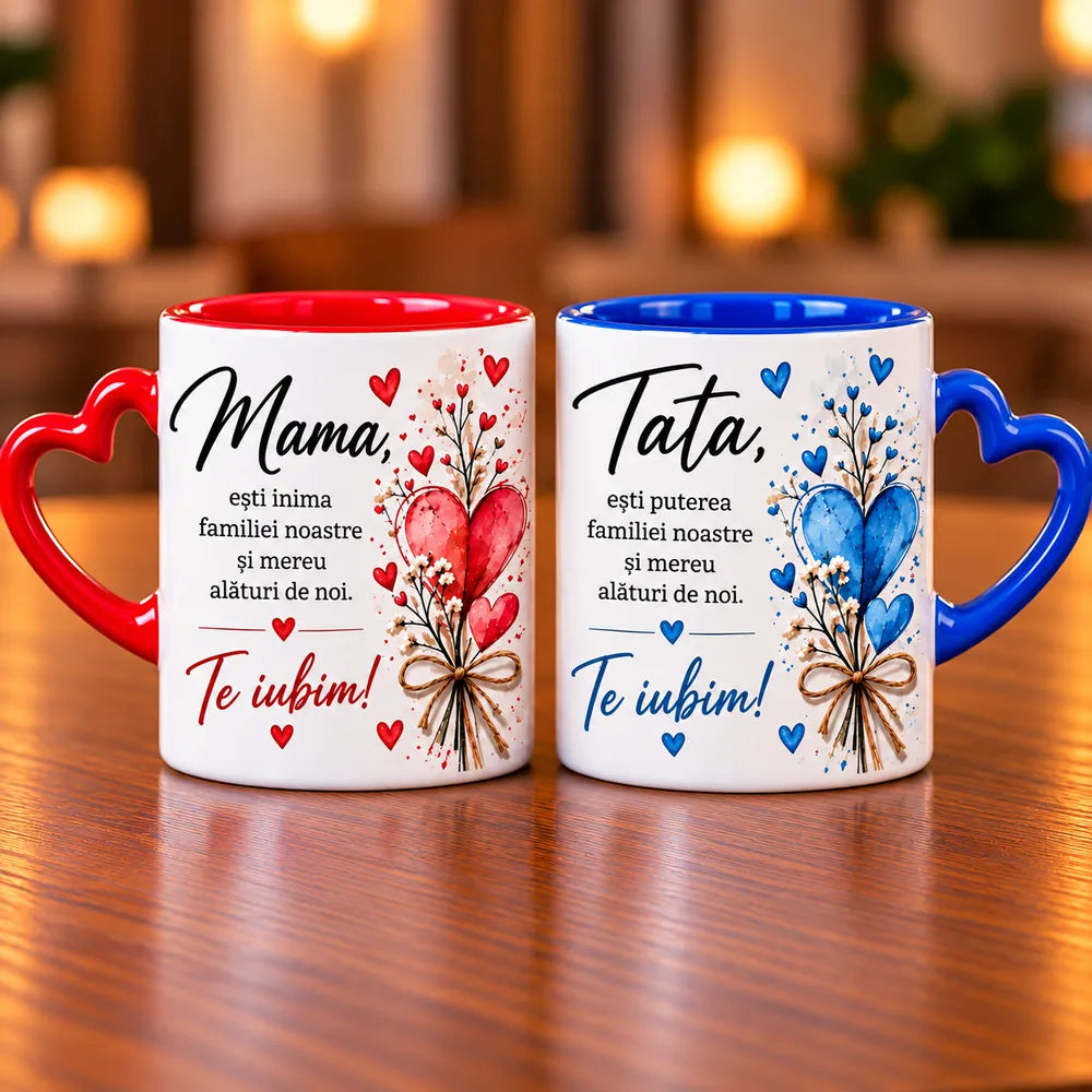 Set 2 căni personalizate pentru mama și tata cu mesaje, interior colorat și mânere în formă de inimă