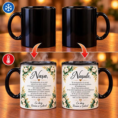 Set 2 căni termosensibile personalizate pentru nași cu nume, cu efect magic la contactul cu lichide fierbinți
