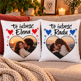 Set 2 perne personalizate cu poză și text, cu fotografii în formă de inimă