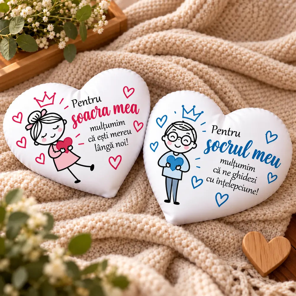 Set 2 perne inimă personalizate cu mesaj pentru soacră și socru
