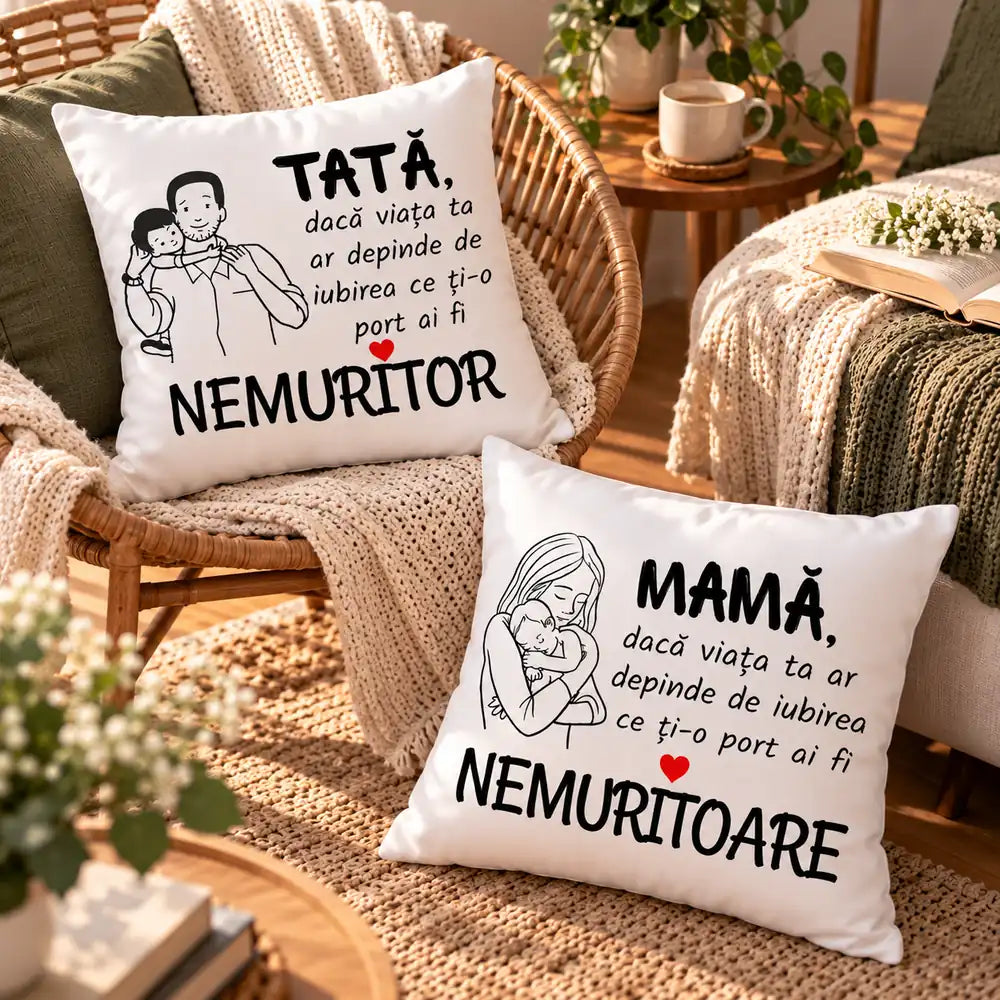 Două perne personalizate cu mesaje pentru mamă și tată