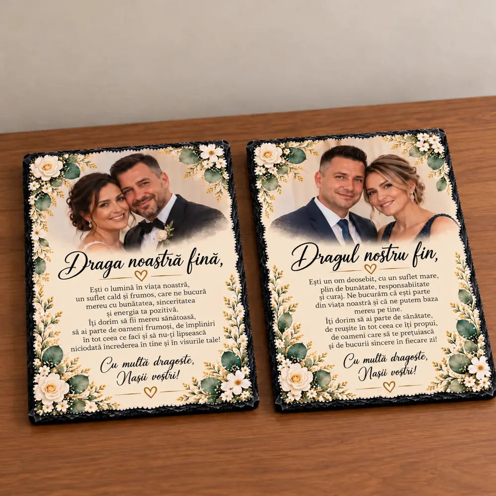 Set de două plăci ardezie personalizate pentru fin și fină, cu fotografii și mesaje de la nași