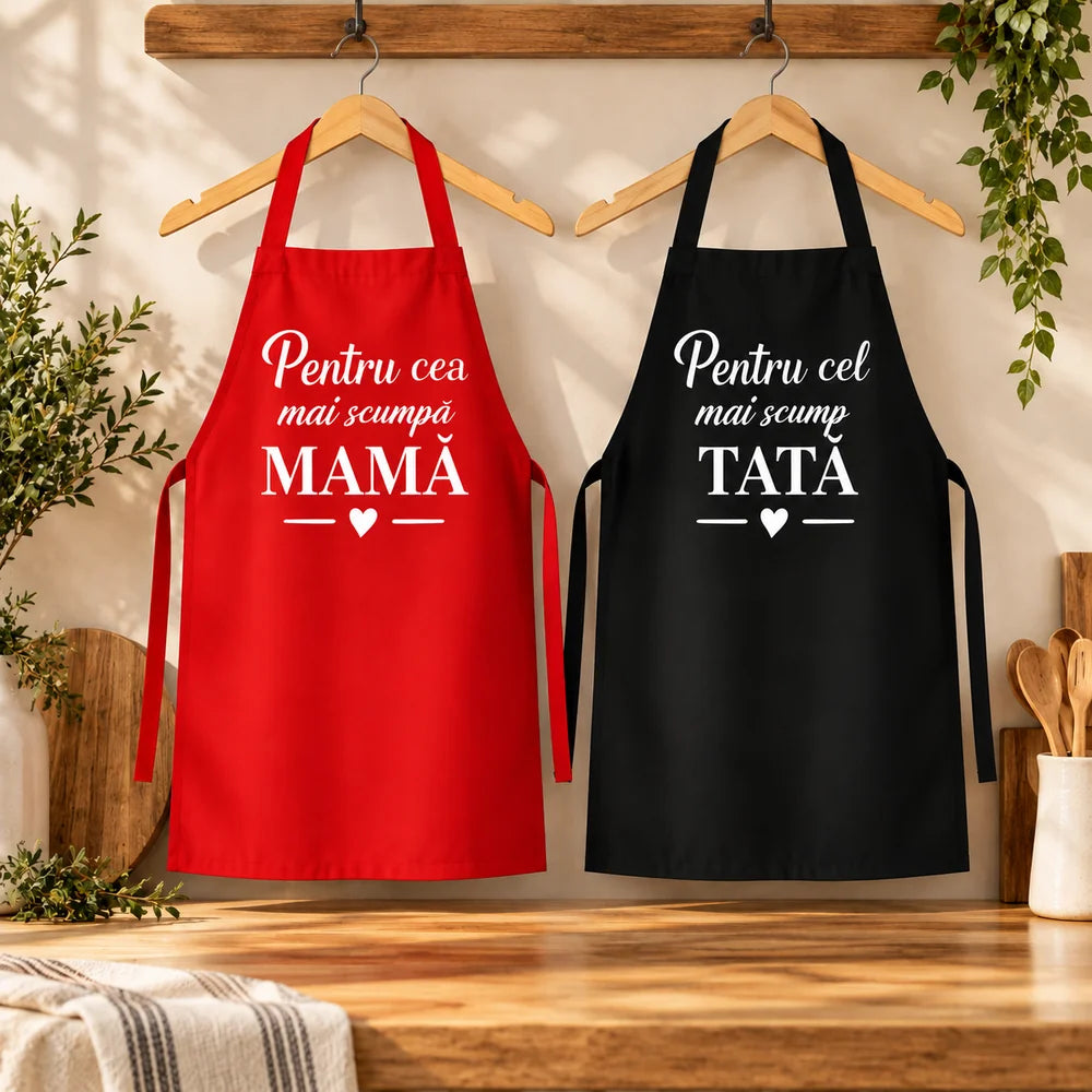 Set de 2 șorțuri de bucătărie pentru părinți, cu mesaje speciale
