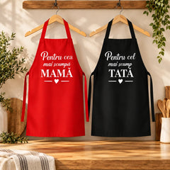 Set de 2 șorțuri de bucătărie pentru părinți, cu mesaje speciale