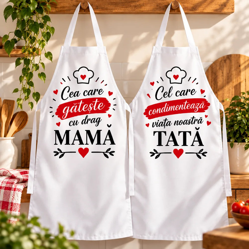 Set 2 Șorțuri Personalizate cu Mesaj pentru Mama și Tata