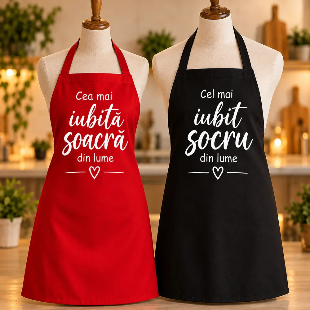 Set 2 șorțuri de bucătărie personalizate cu mesaj, cadou pentru socri