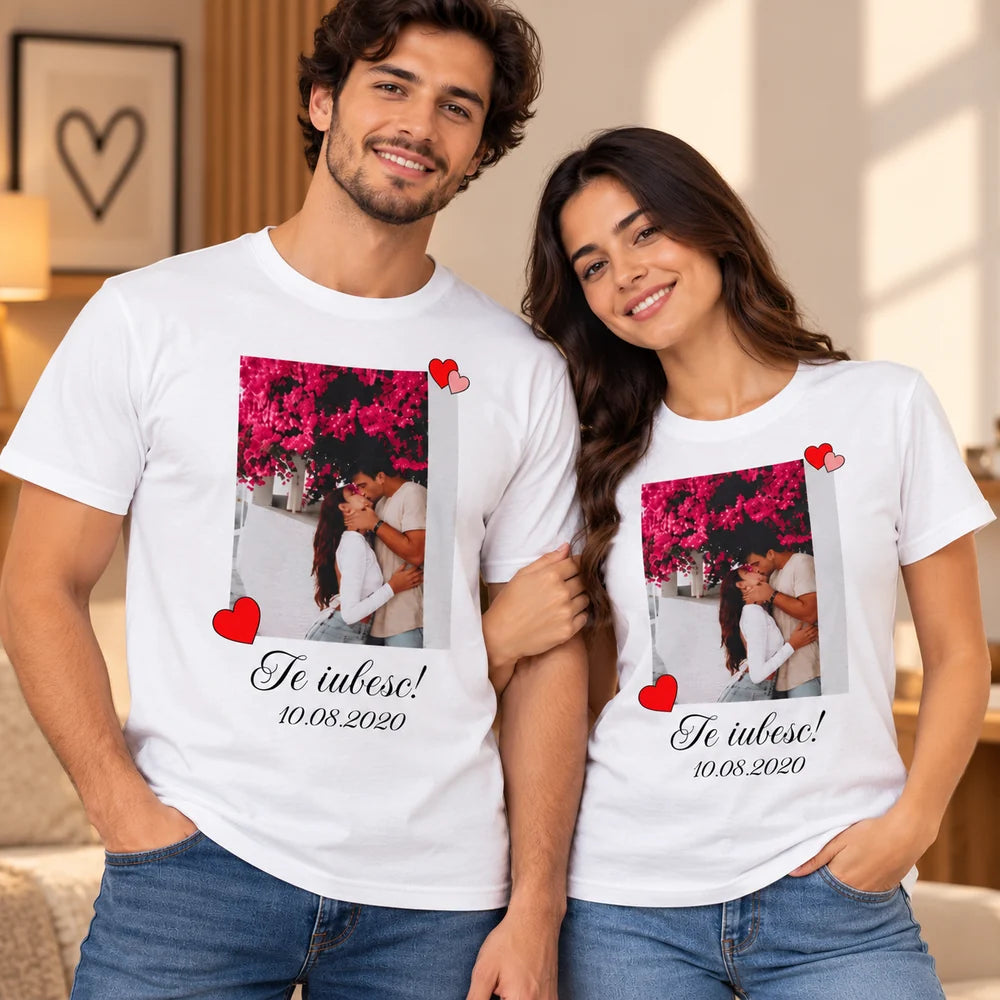 Set 2 tricouri personalizate pentru cupluri cu poză și dată