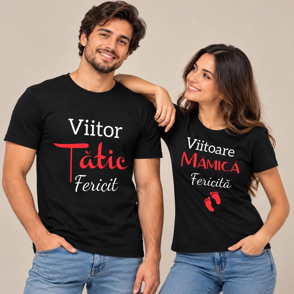 Set 2 tricouri personalizate pentru viitori Părinți - Mămică și Tătic fericiți