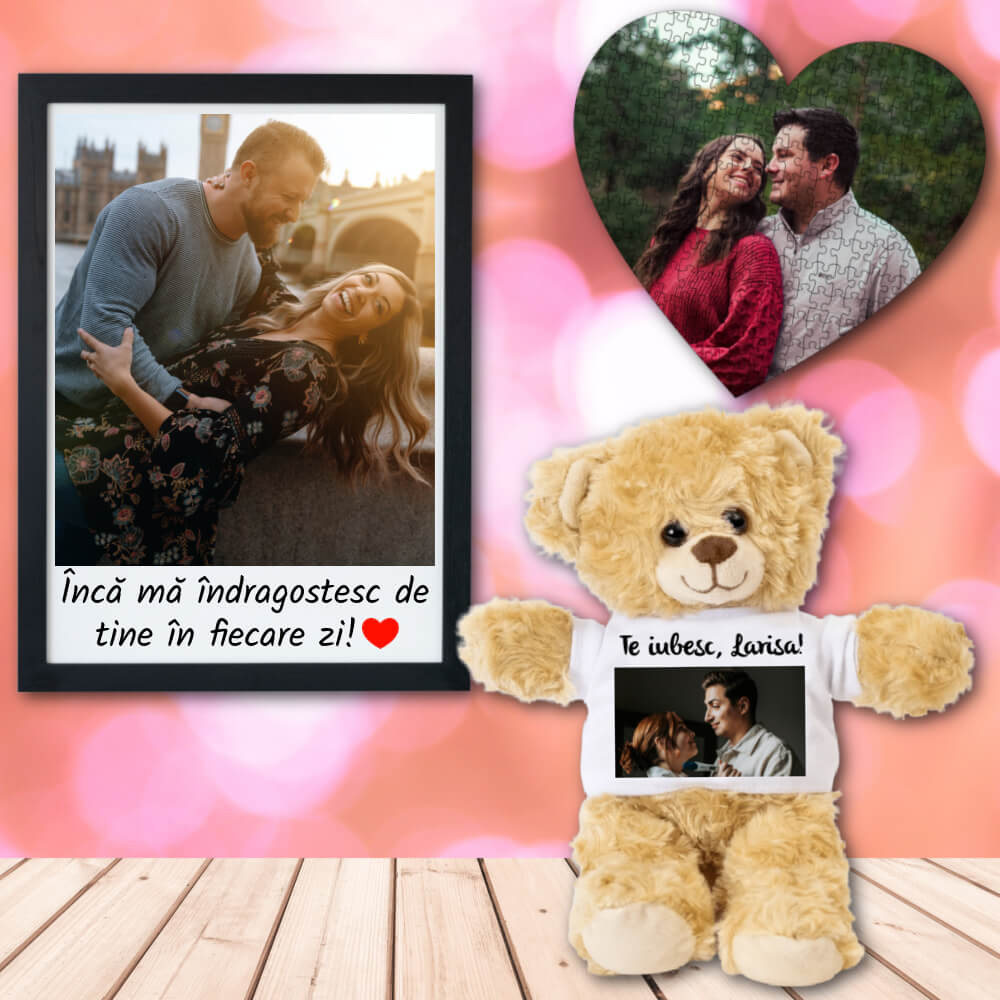 Set cadou personalizat pentru iubit/iubita - Ursulet personalizat + Tablou + Puzzle - Cadomy.ro
