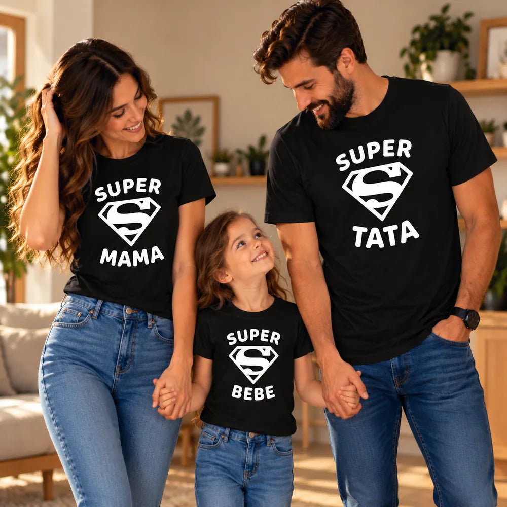 Set 3 tricouri personalizate pentru familie - Super Mama, Super Tata și Super Bebe