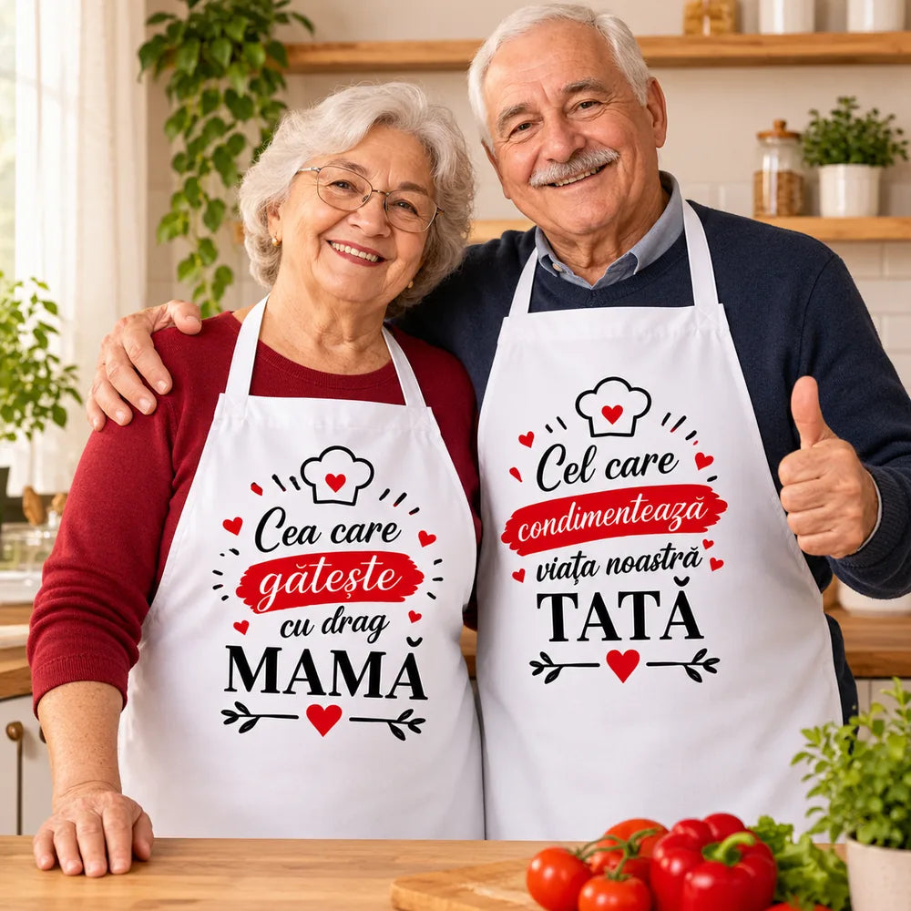 Set cadou pentru părinți cu două șorțuri de bucătărie albe, personalizate cu mesaje pentru mamă și tată