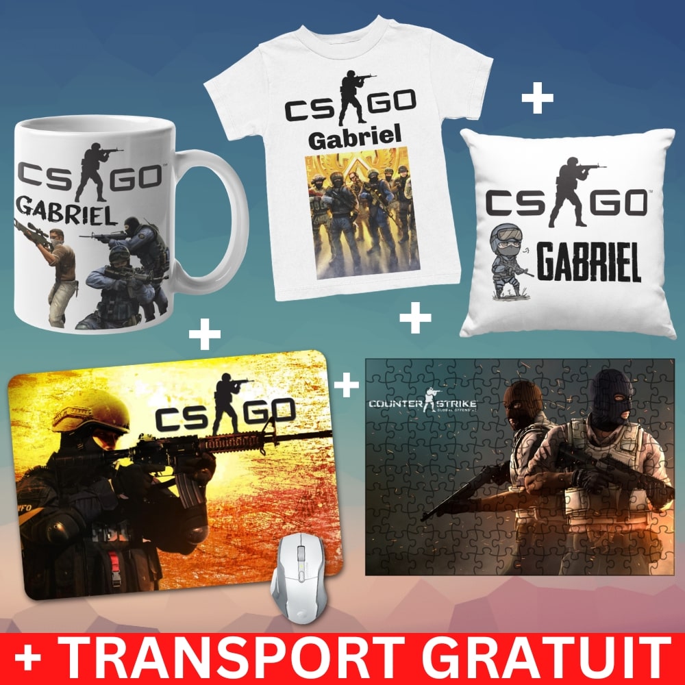 Set Cadou Personalizat CSGO cu Nume – Tricou, Cana, Perna, Mousepad si Puzzle - Cadomy.ro